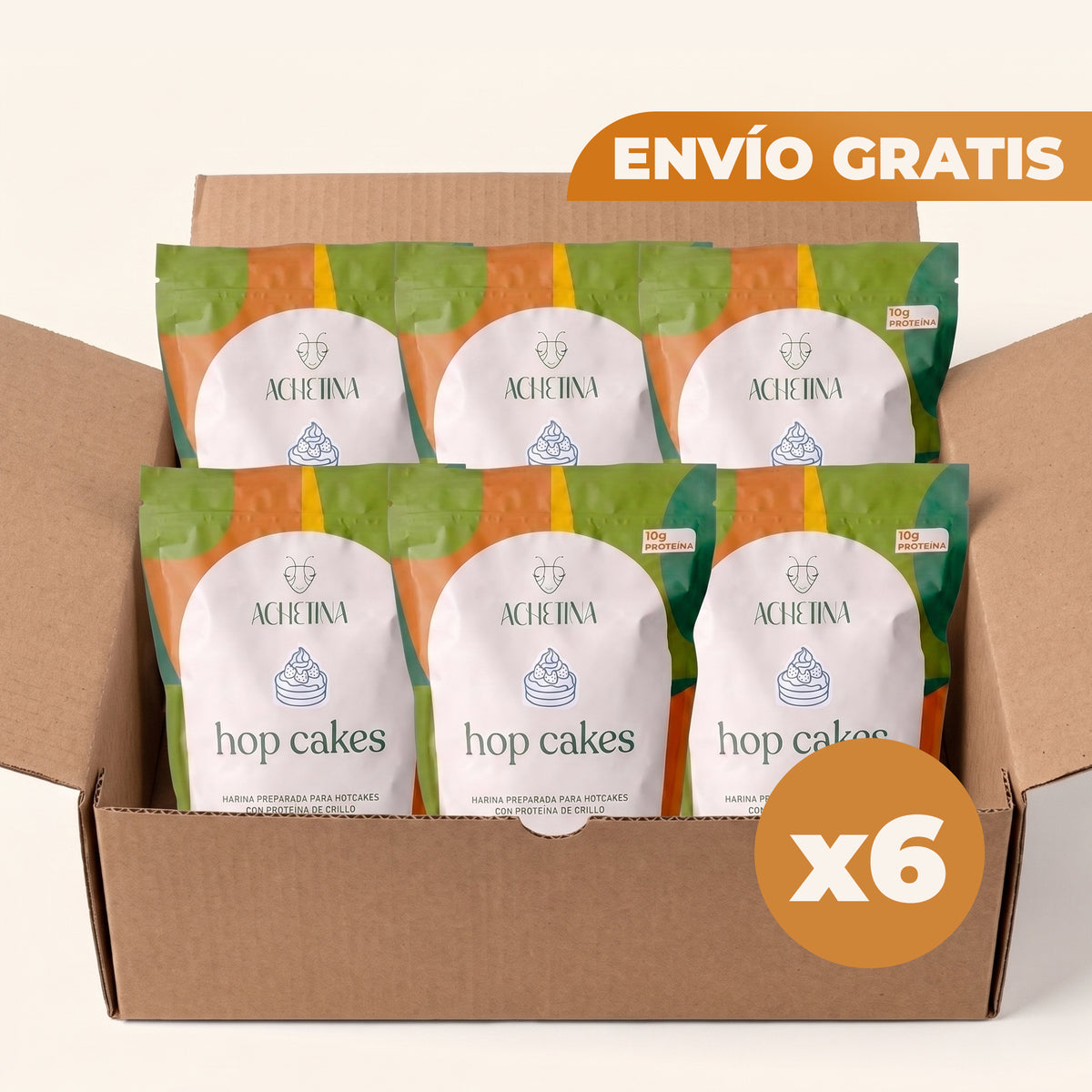 Caja Completa Hop Cakes Achetina (6 Bolsas) – Harina con Proteína de Grillo + Envío Gratis