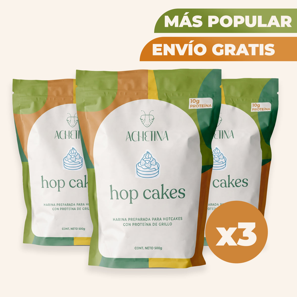 Trio Hop Cakes Achetina (3 Bolsas) LA MÁS POPULAR – Harina con Proteína de Grillo + Envío Gratis